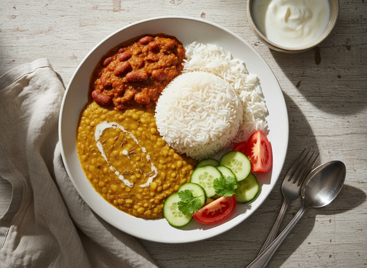 Rice with Dal, Kidney Beans and Salad photo