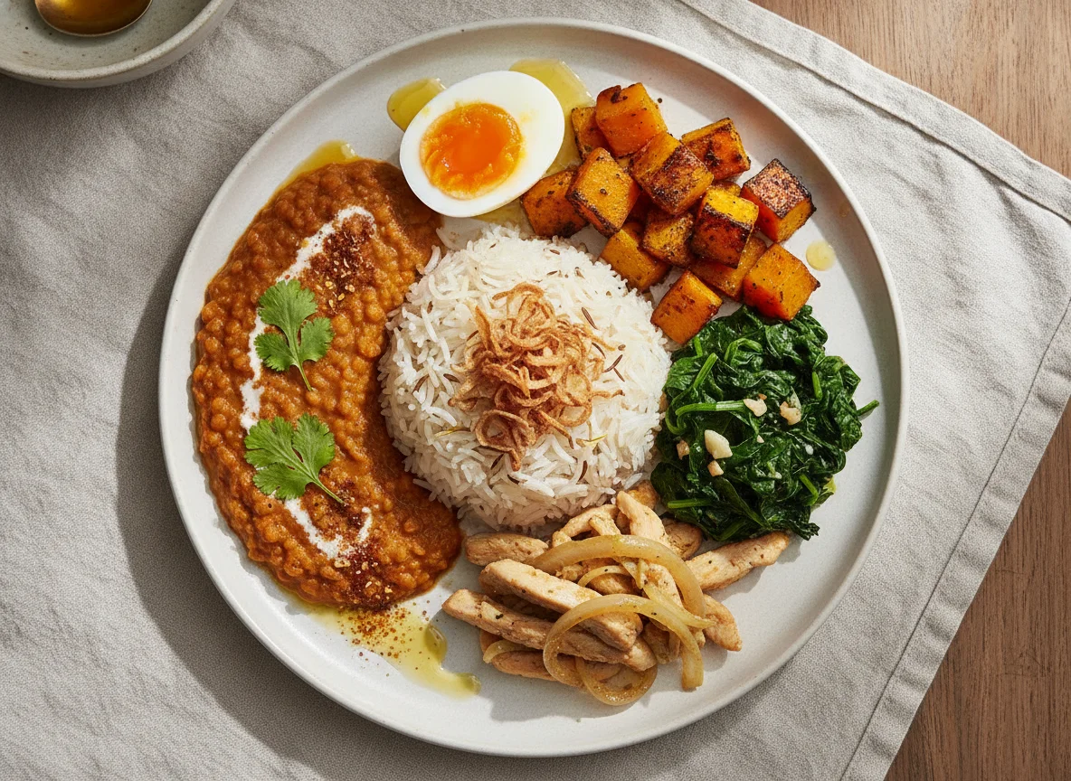 Rice with Dal, Roasted Squash, Spinach, and Boiled Egg photo