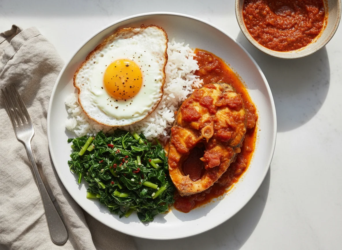 Rice with Egg, Stewed Greens, Fish, and Pepper Sauce photo