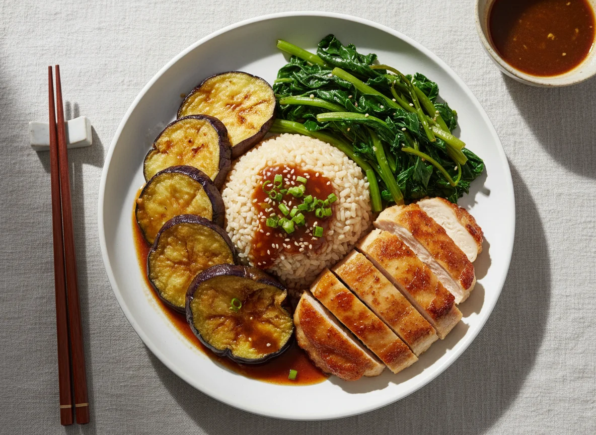 Rice with Eggplant, Greens and Tofu/Chicken photo