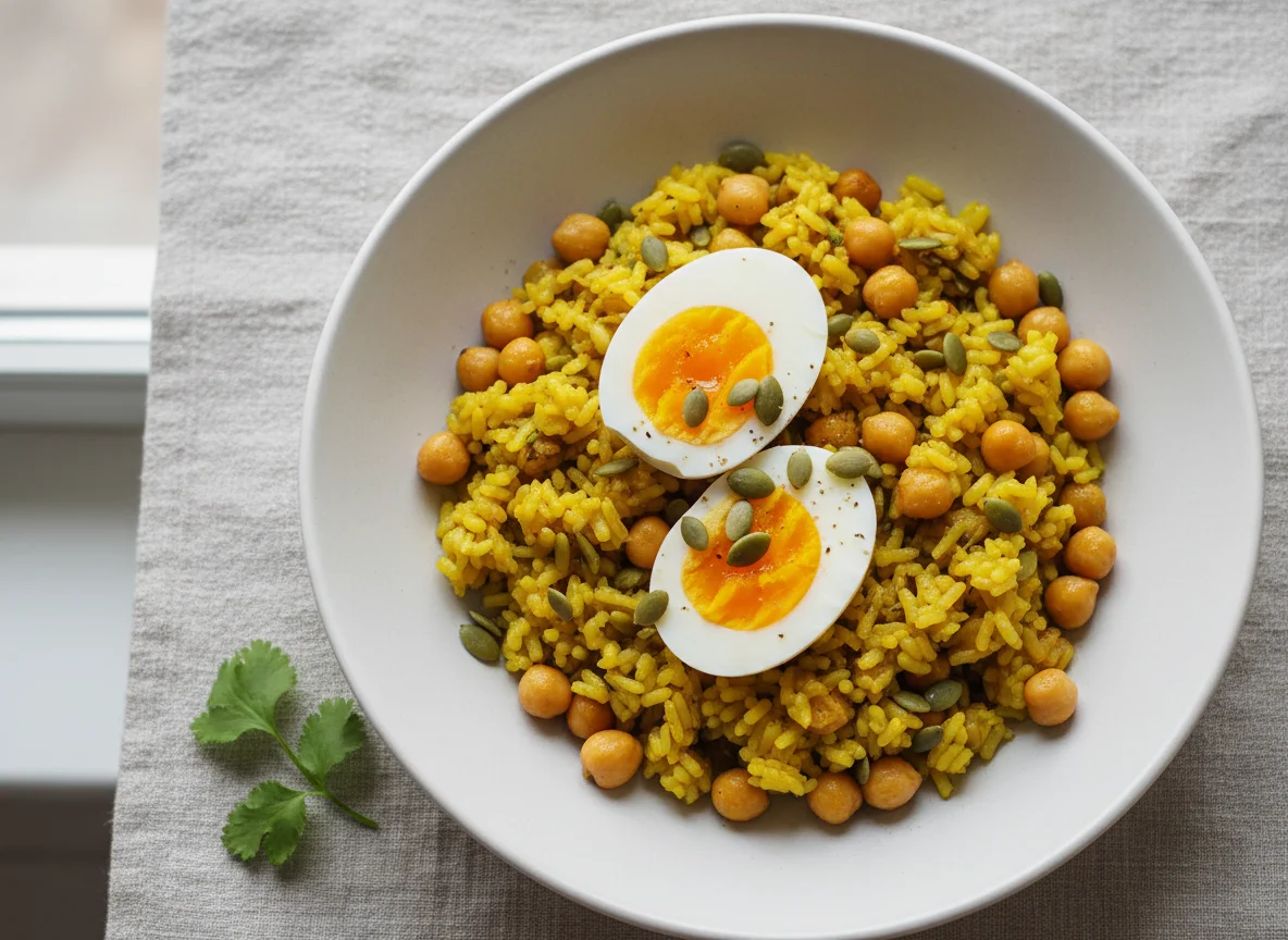 Rice with Eggs, Chickpeas, and Pumpkin Seeds photo