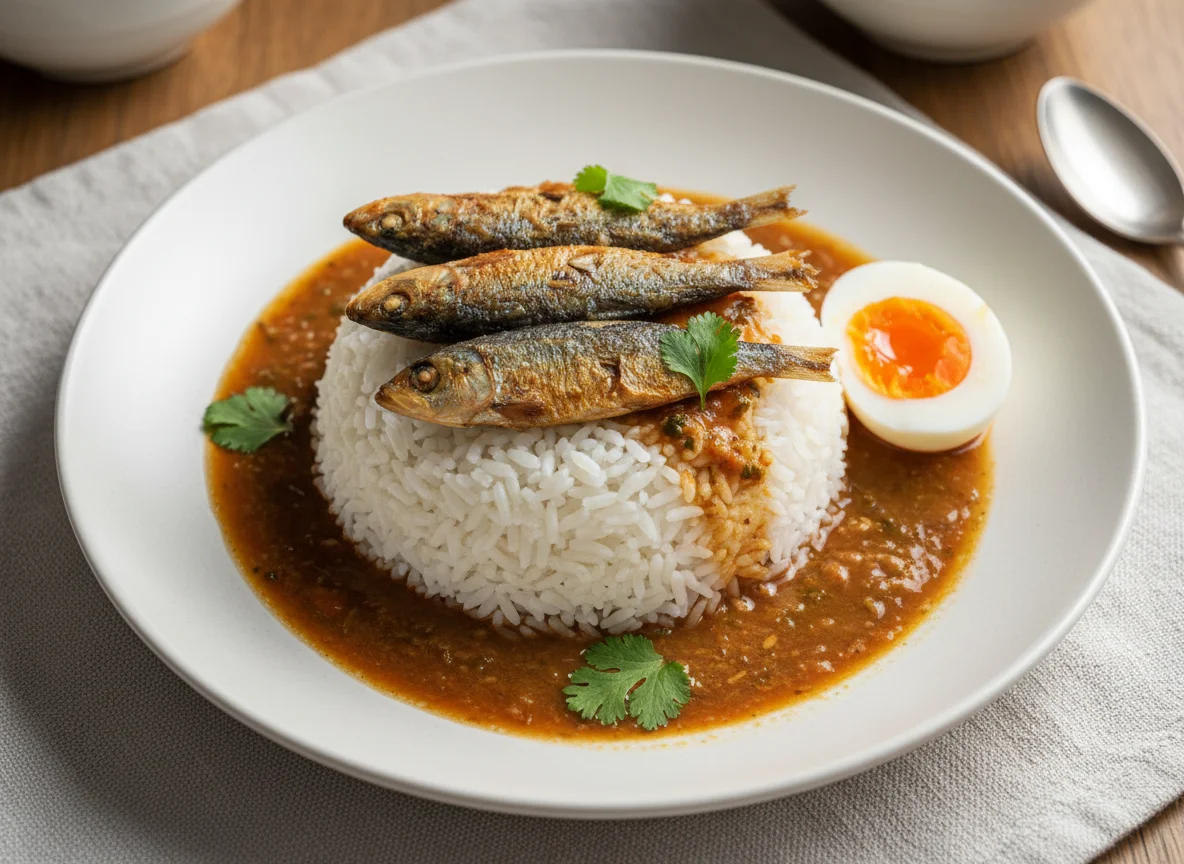 Rice with Fish, Egg, and Sauce photo