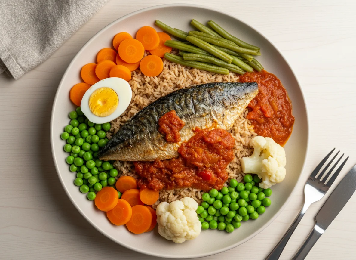 Rice with Fish, Eggs, and Mixed Vegetables photo