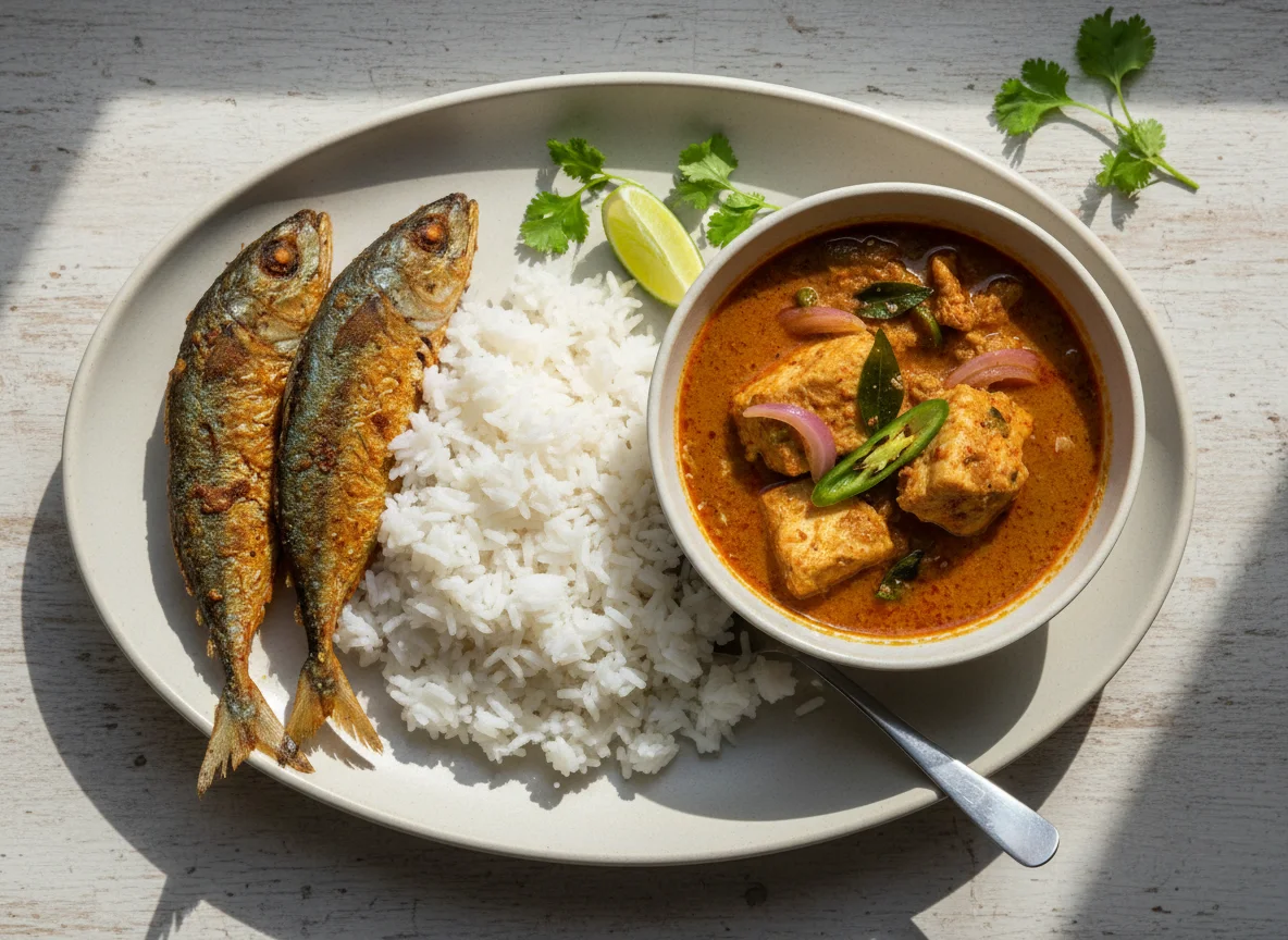 Rice with Fish Fry and Curry photo