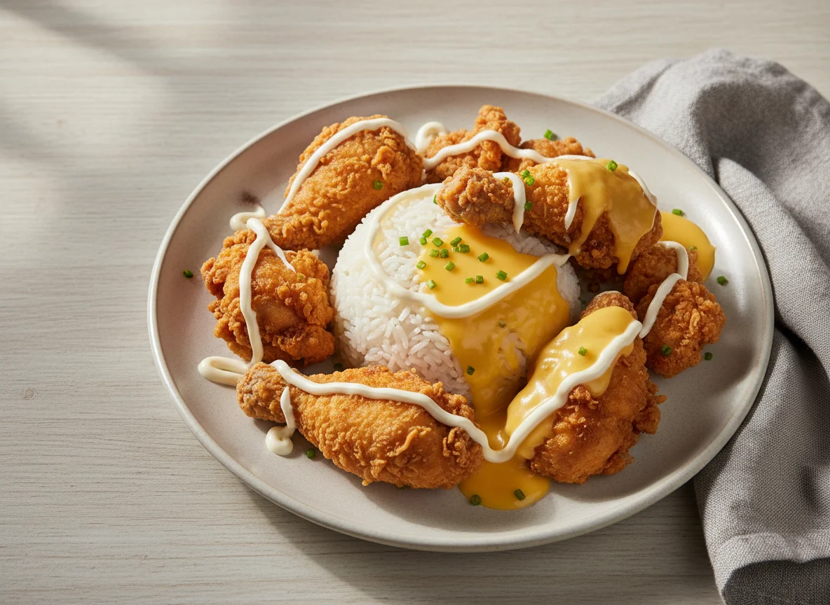 Rice with Fried Chicken and Sauces photo