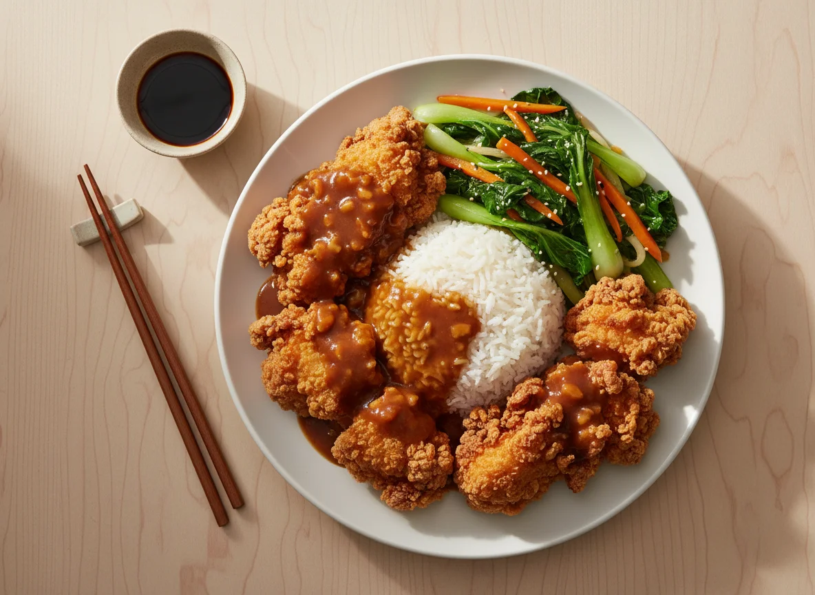 Rice with Fried Chicken and Stir-fried Vegetables photo