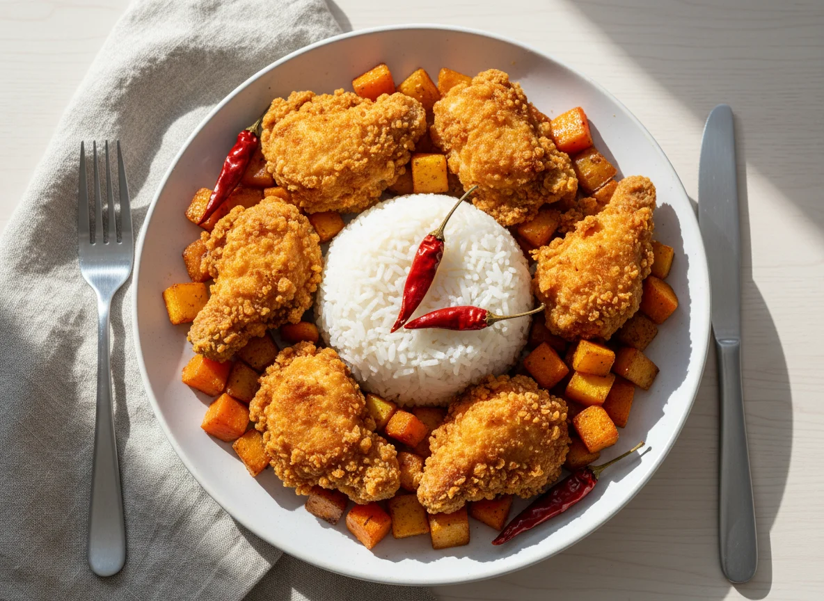 Rice with Fried Chicken and Vegetables photo