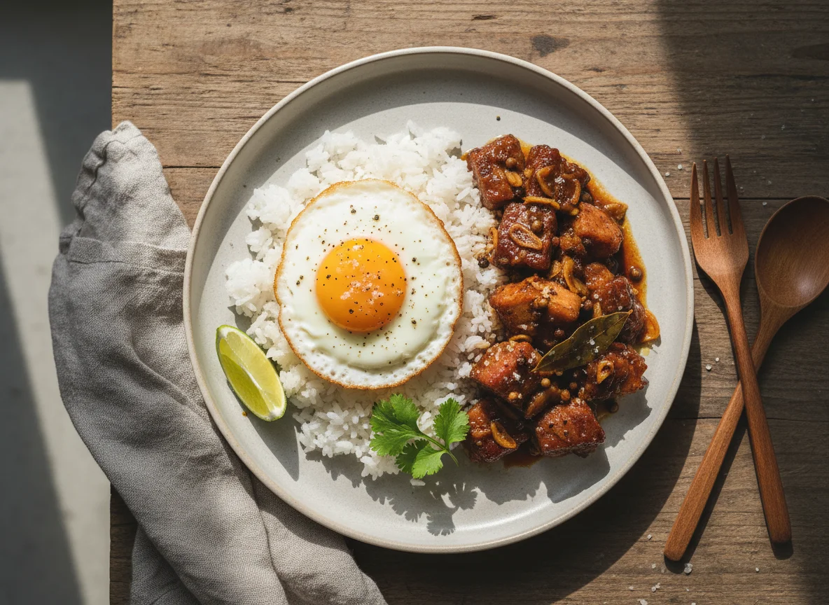 Rice with Fried Egg and Adobo photo