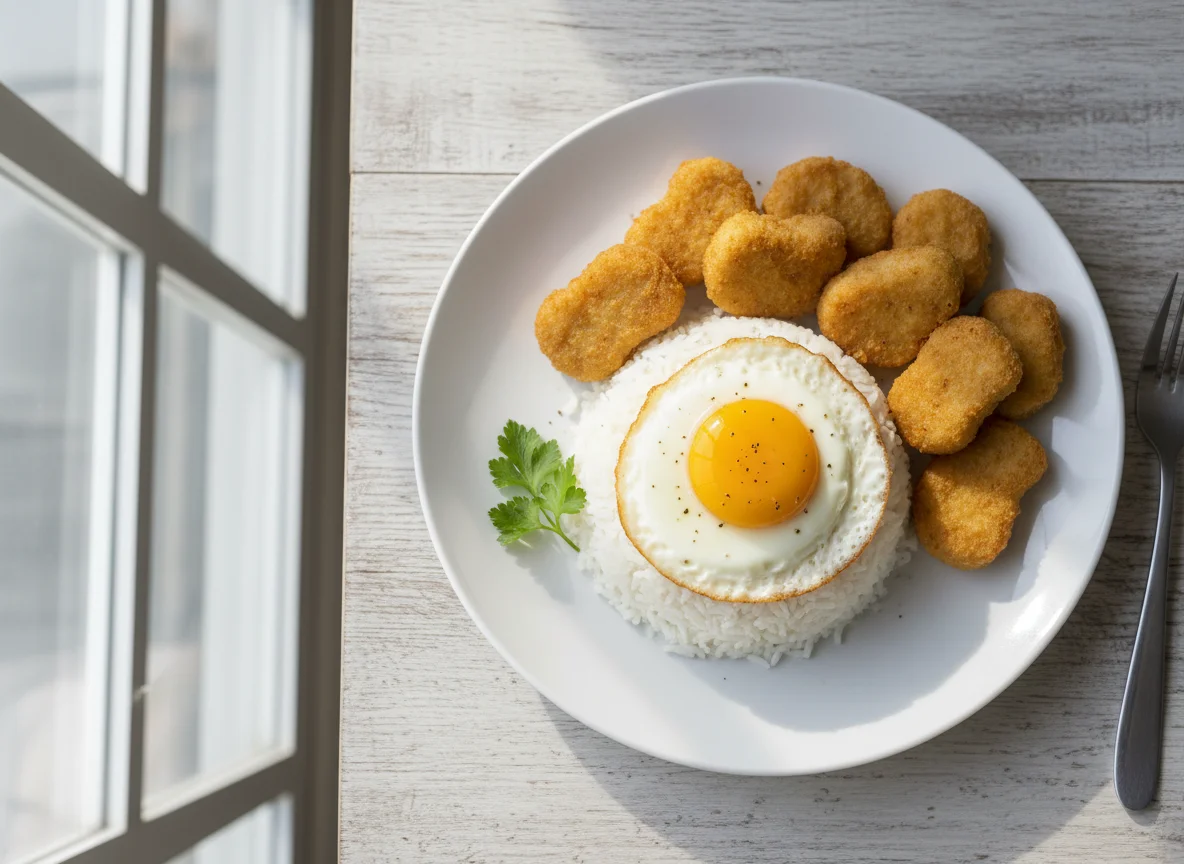 Rice with Fried Egg and Chicken Nuggets photo