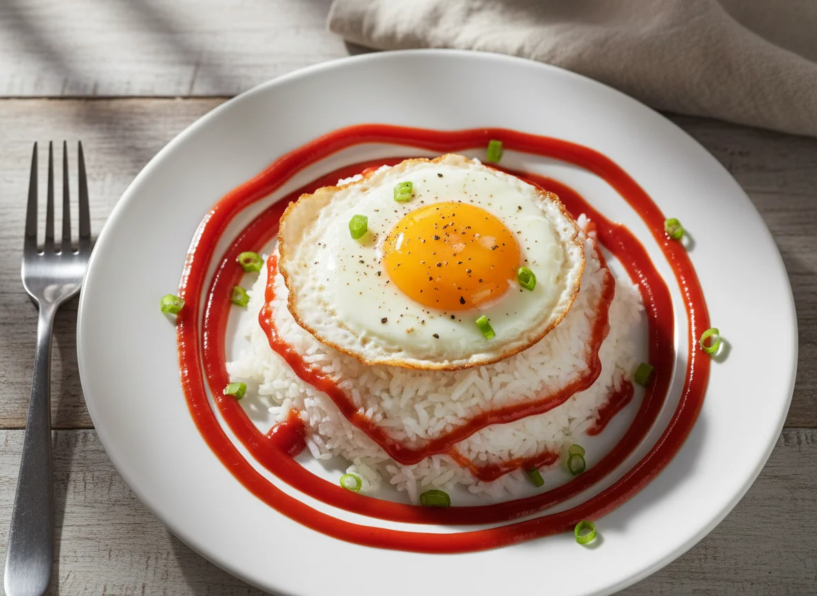 Rice with Fried Egg and Ketchup photo