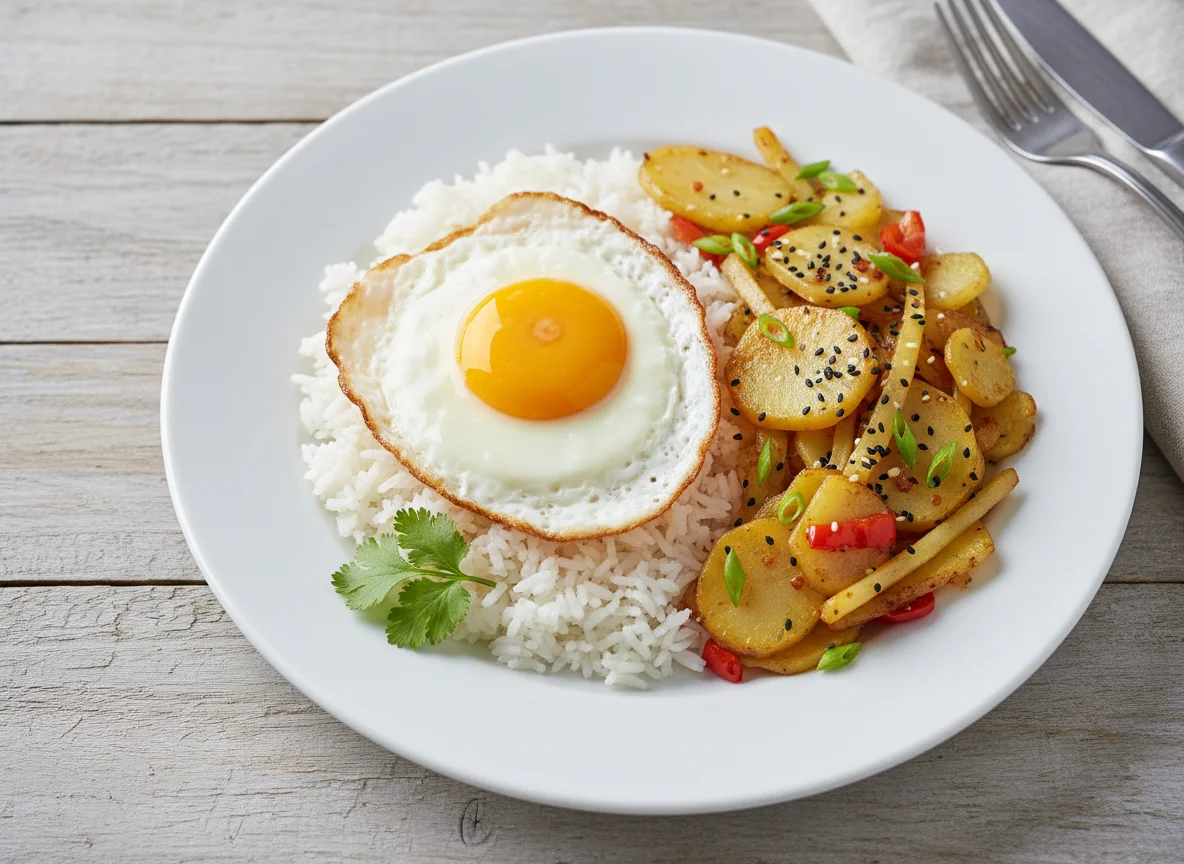 Rice with Fried Egg and Potato Stir-fry photo