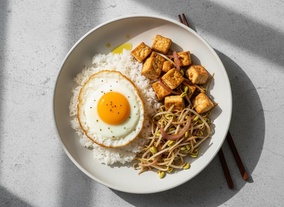 Rice with Fried Egg and Stir-fried Tofu and Vegetables photo