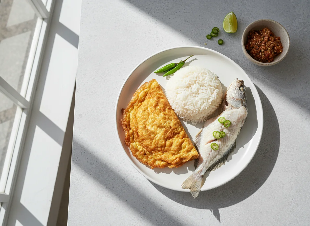 Rice with Fried Egg, Fish, and Chili Paste photo
