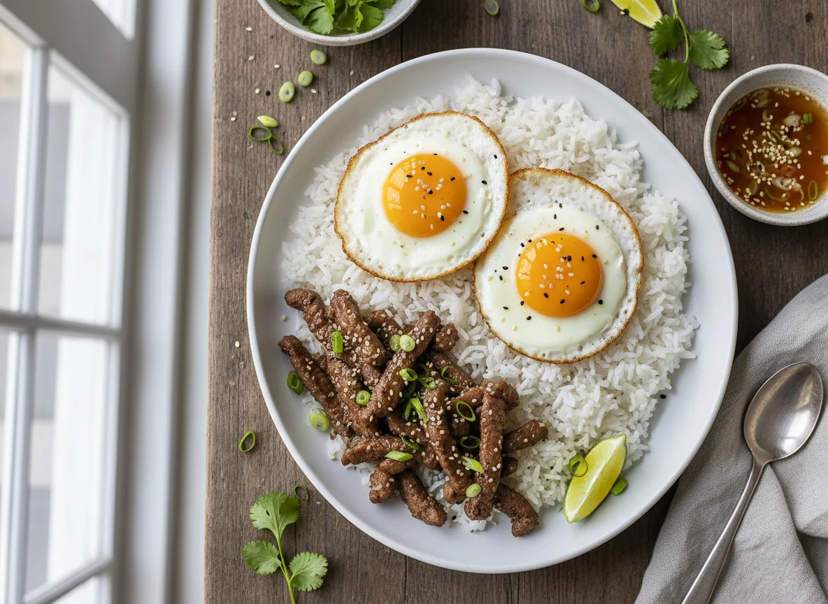 Rice with Fried Eggs and Marinated Meat photo