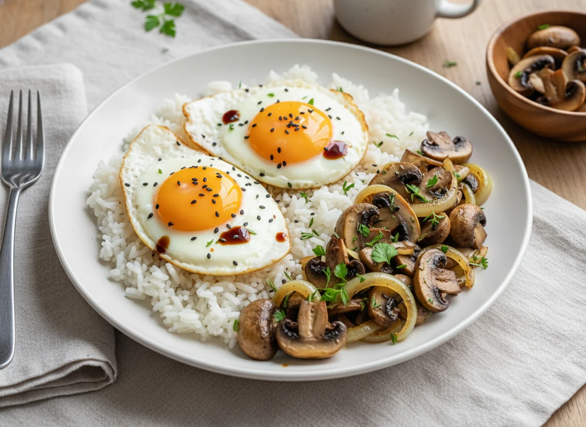 Rice with Fried Eggs and Sautéed Mushrooms photo