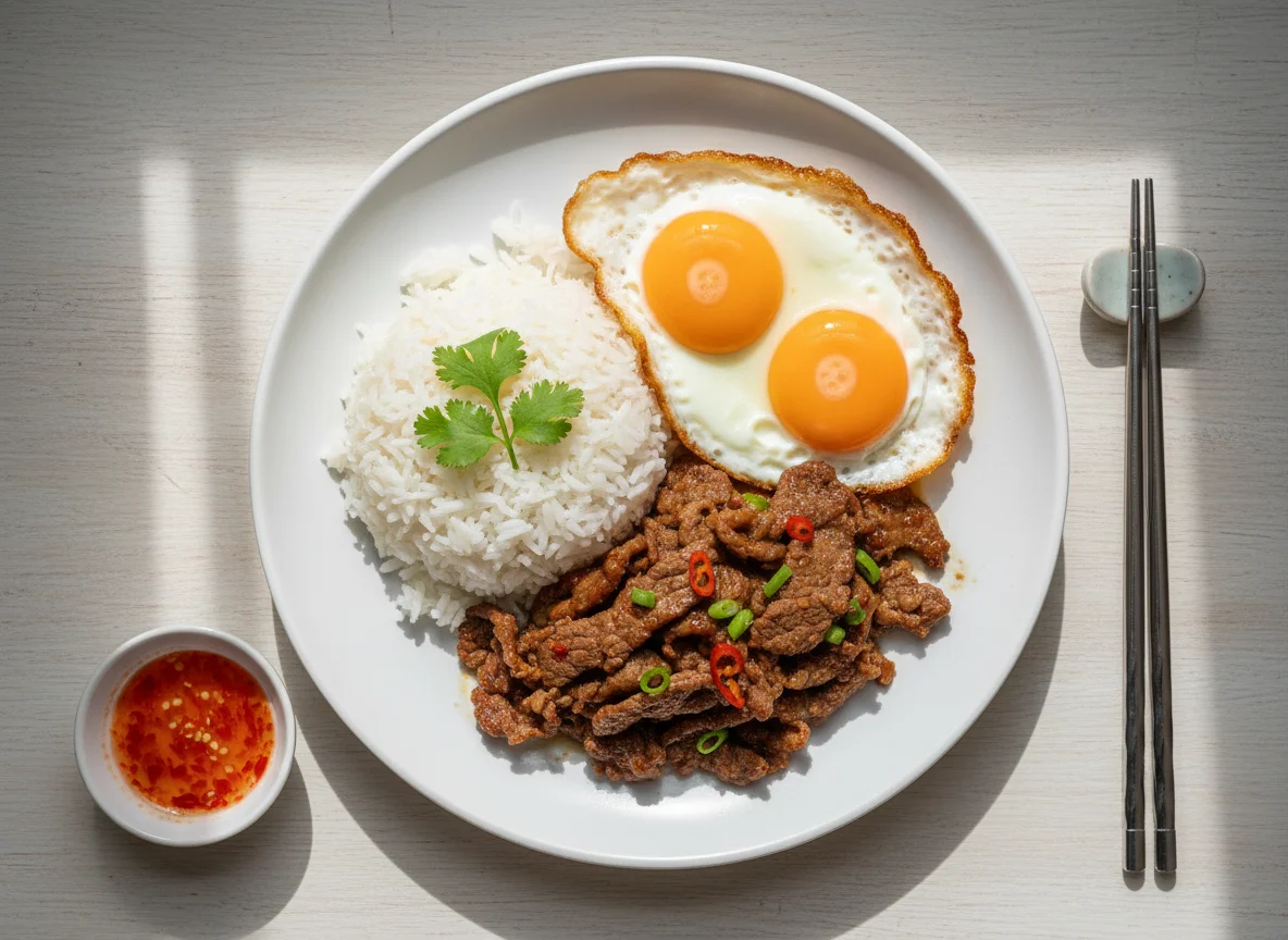 Rice with Fried Eggs and Stir-fried Beef photo