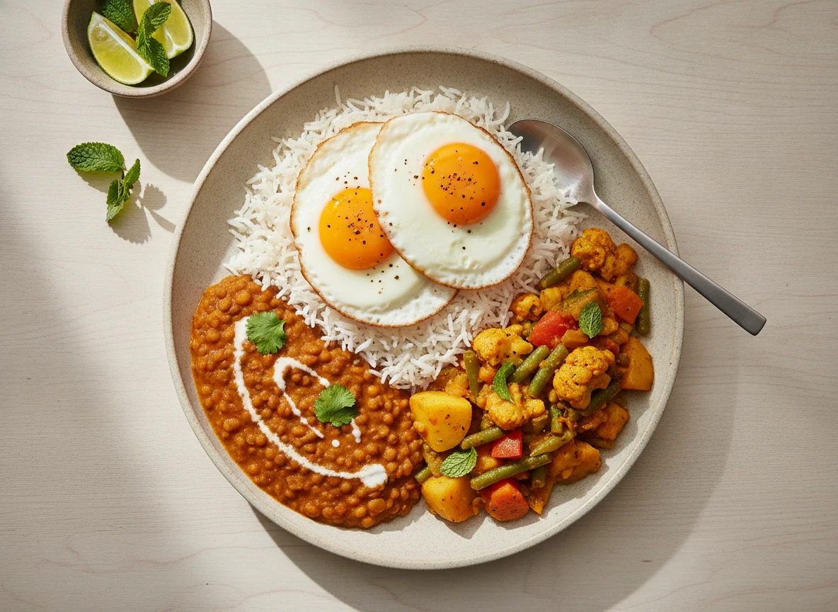 Rice with Fried Eggs, Lentils, and Vegetable Curry photo