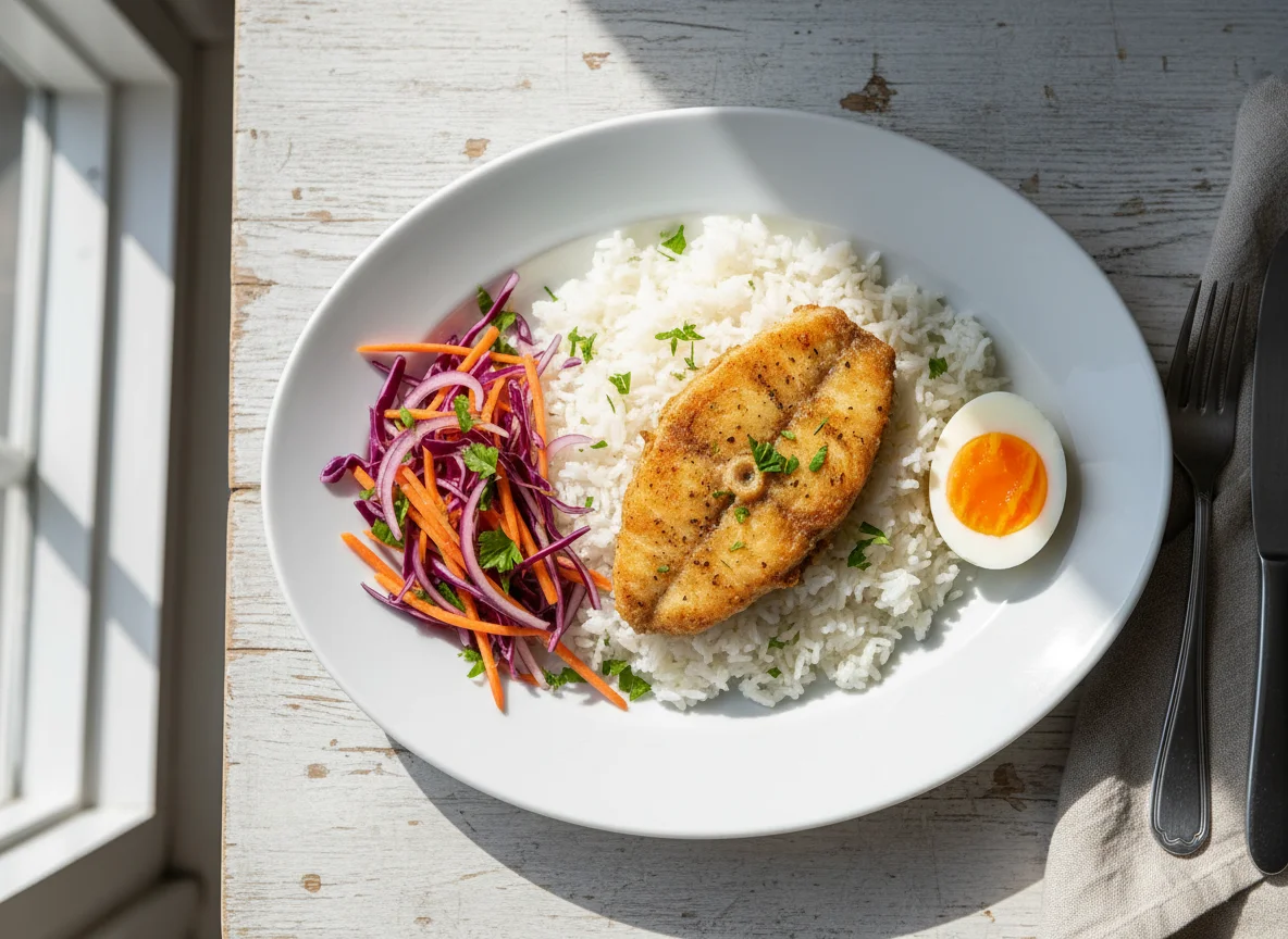 Rice with Fried Fish and Boiled Egg photo