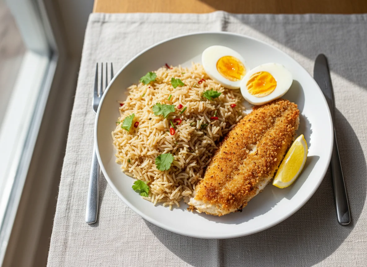 Rice with Fried Fish and Boiled Eggs photo
