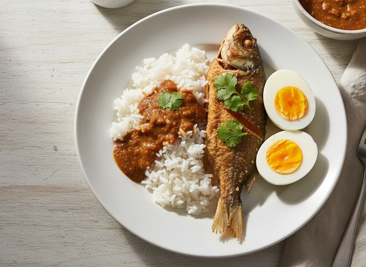 Rice with Fried Fish and Hard-boiled Eggs photo