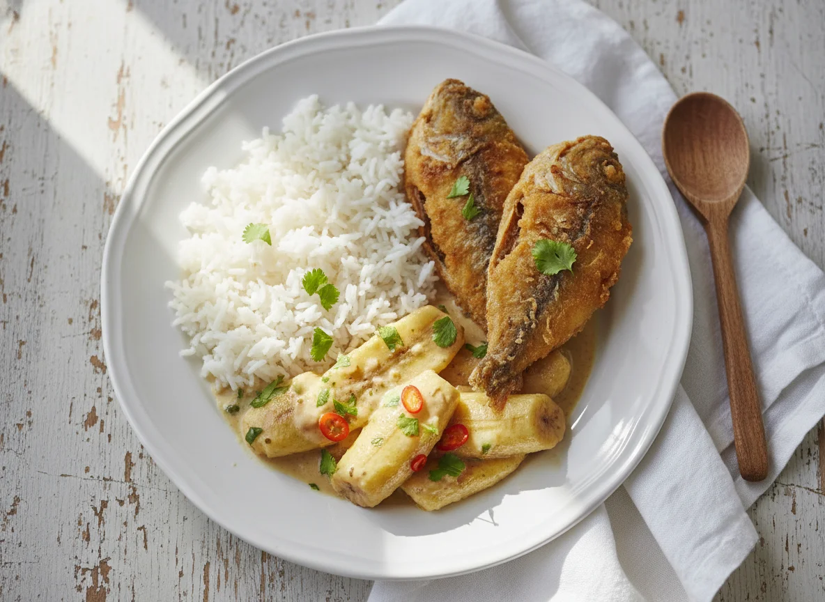 Rice with Fried Fish and Plantain in Coconut Sauce photo