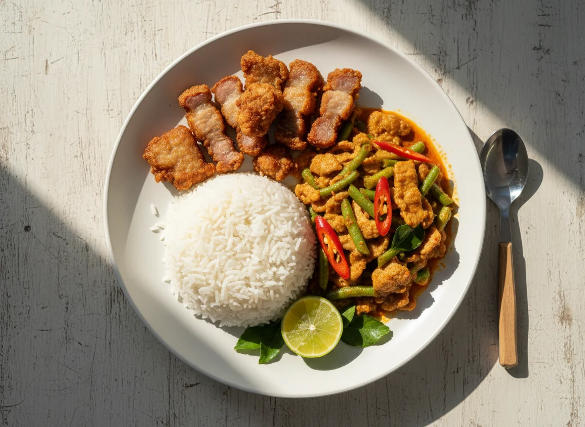 Rice with Fried Pork and Stir-fried Curry photo