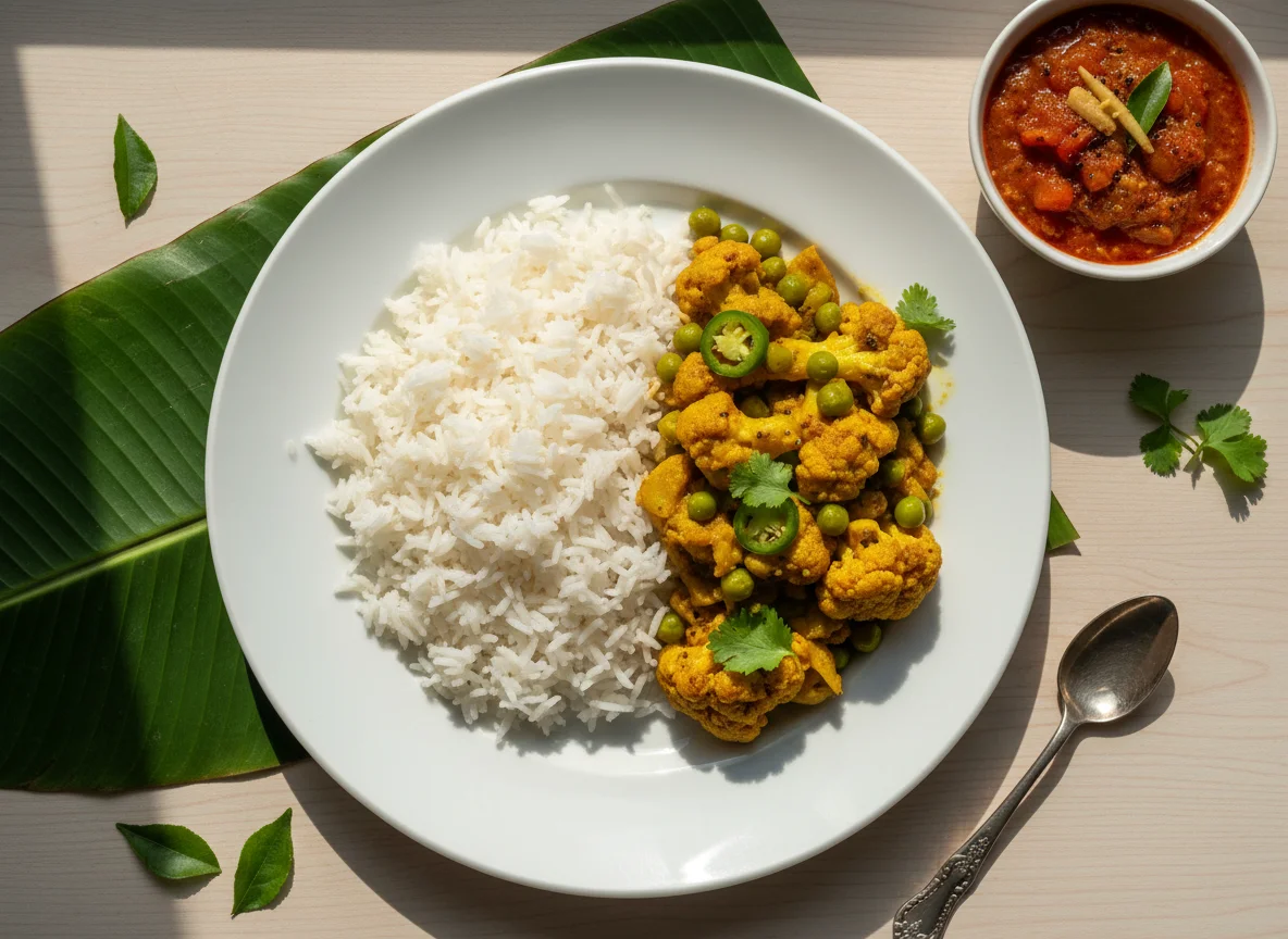 Rice with Gobi Matar Sabzi and Tomato Chutney photo