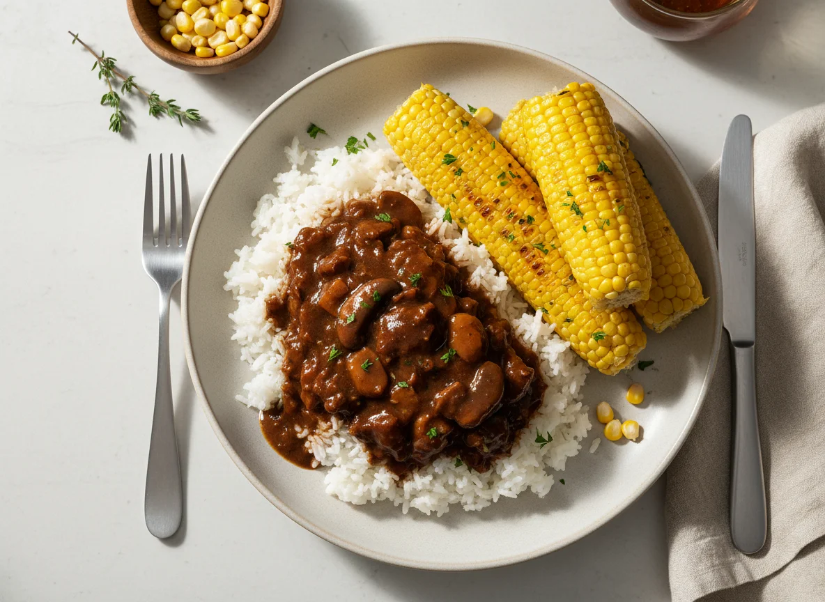 Rice with Gravy and Corn photo