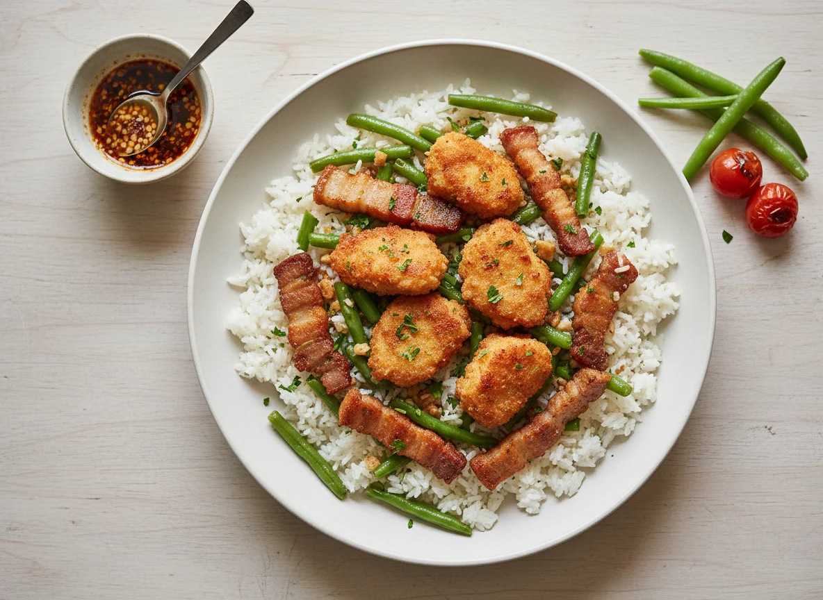 Rice with Green Bean and Fried Meat photo