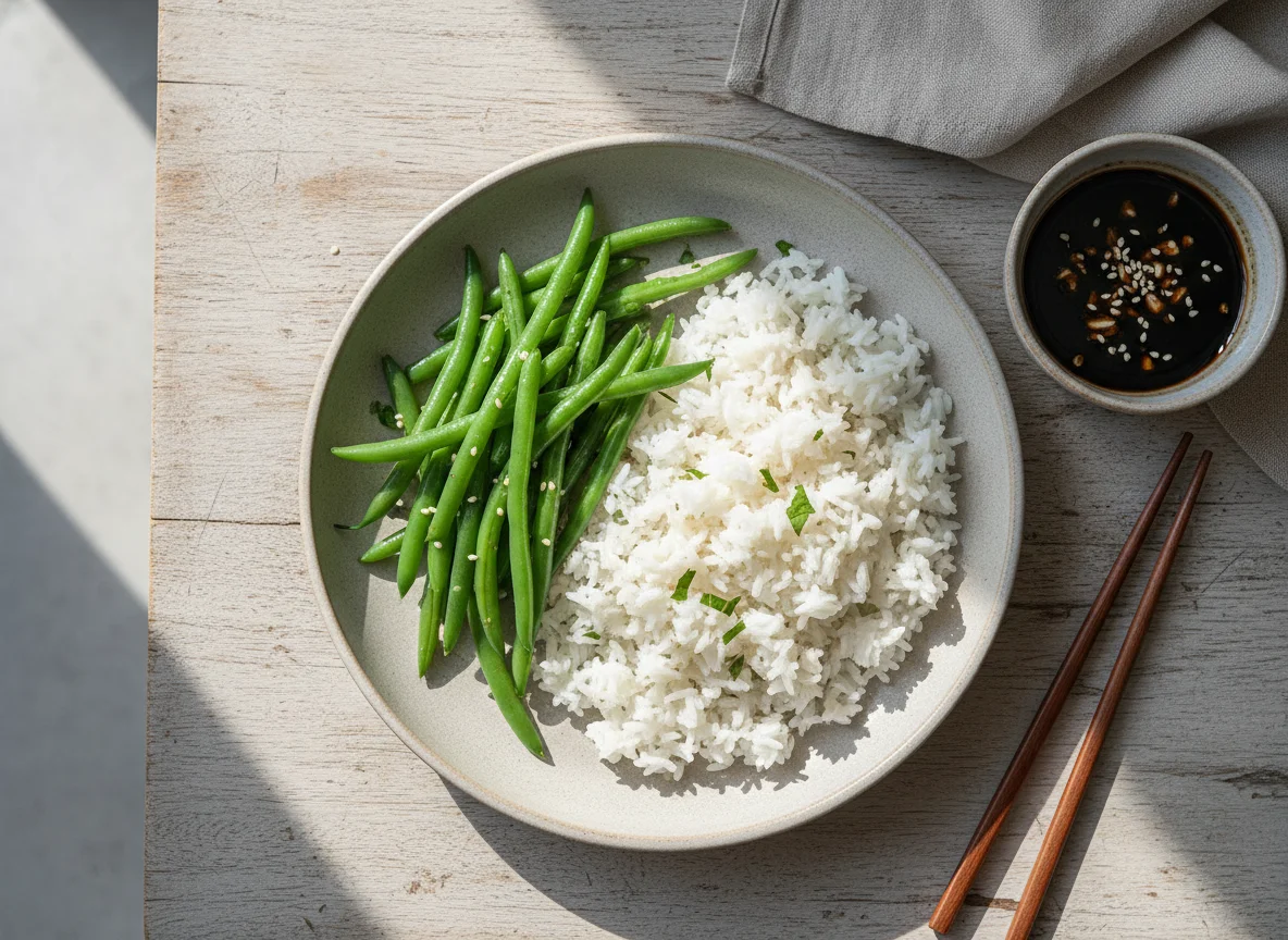 Rice with Green Beans and Soy Garlic Dip photo