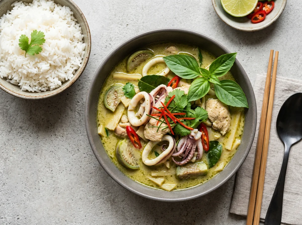Rice with Green Curry and Squid photo
