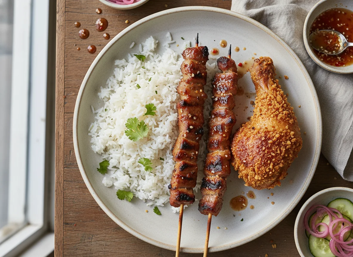 Rice with Grilled Skewers and Fried Chicken photo