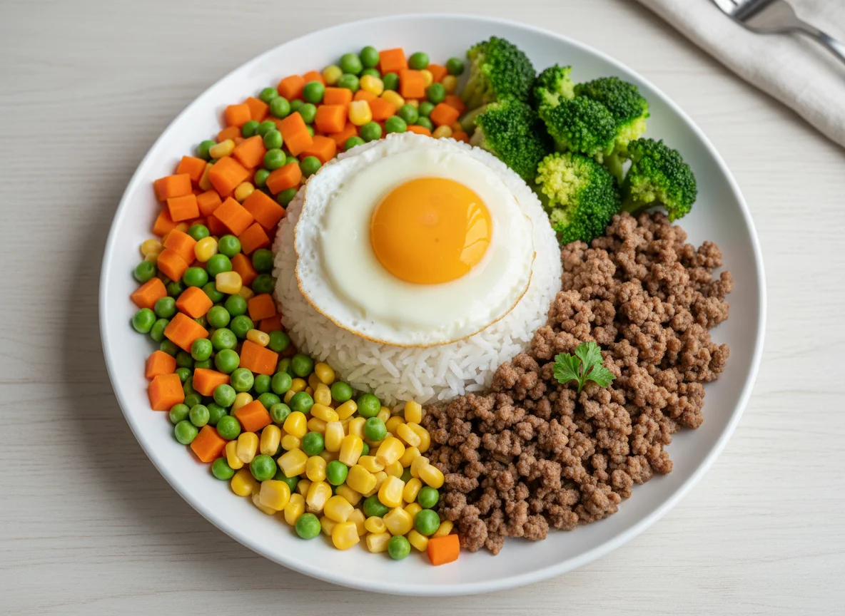 Rice with Ground Meat, Mixed Vegetables, Broccoli, and Fried Egg photo