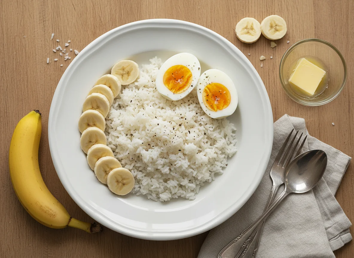 Rice with Hard-Boiled Eggs and Banana photo