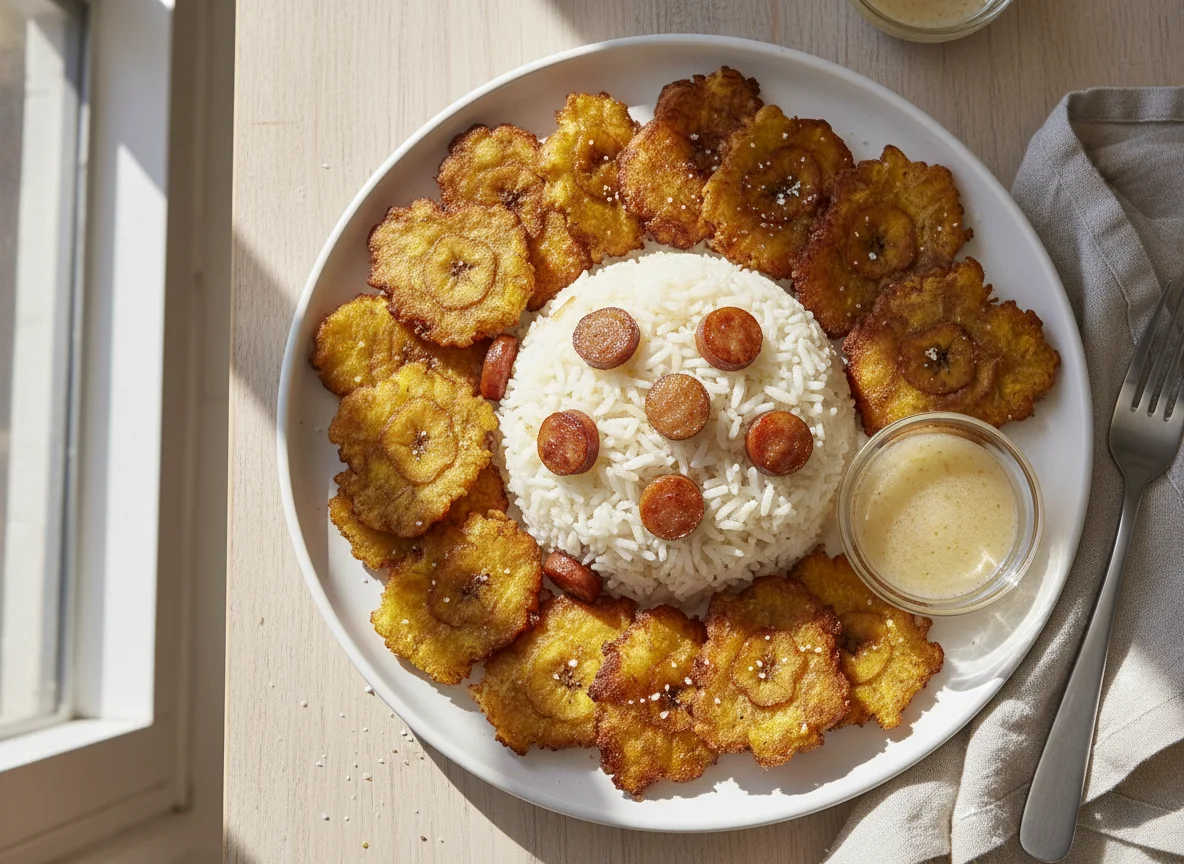 Rice with Hot Dogs and Fried Plantains photo