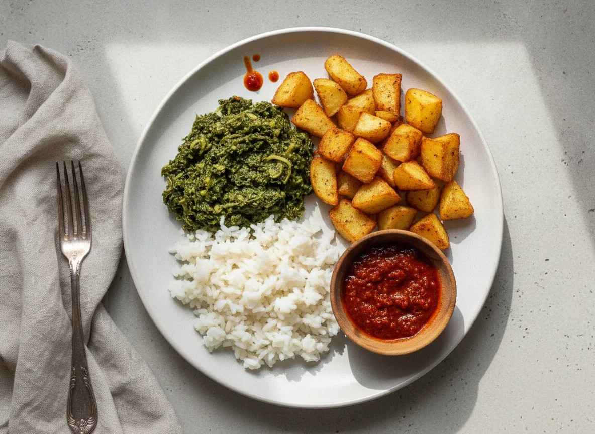 Rice with Isombe and Fried Potatoes photo