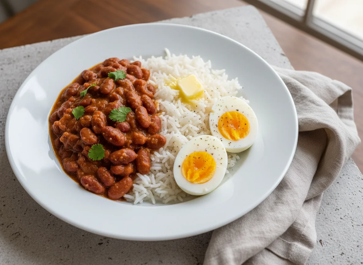 Rice with Kidney Bean Curry, Boiled Egg, and Butter photo