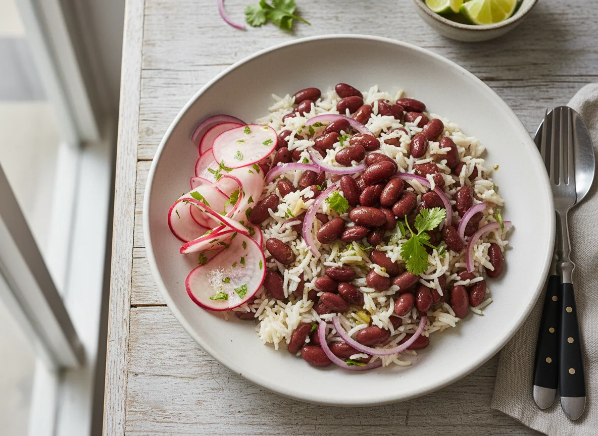 Rice with Kidney Beans, Onion, and Radish Pickle photo