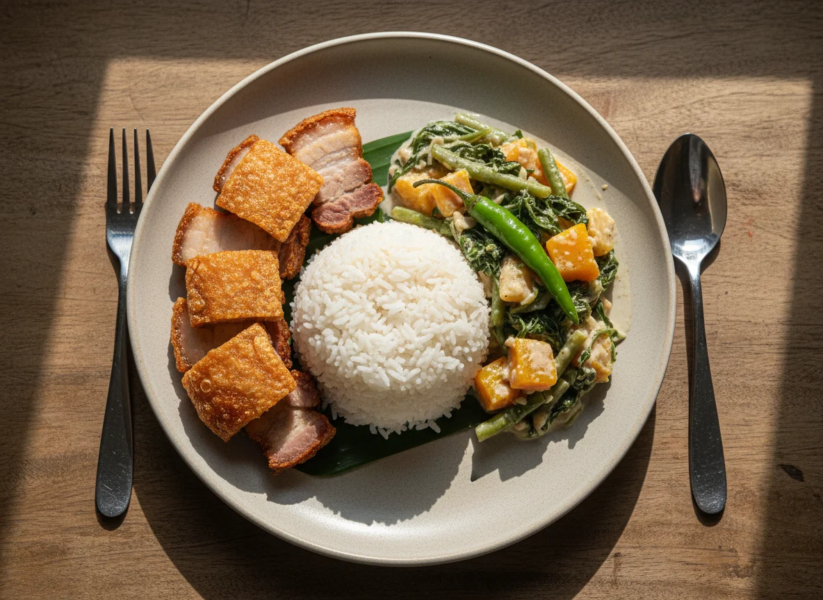 Rice with Lechon Kawali and Ginataang Gulay photo