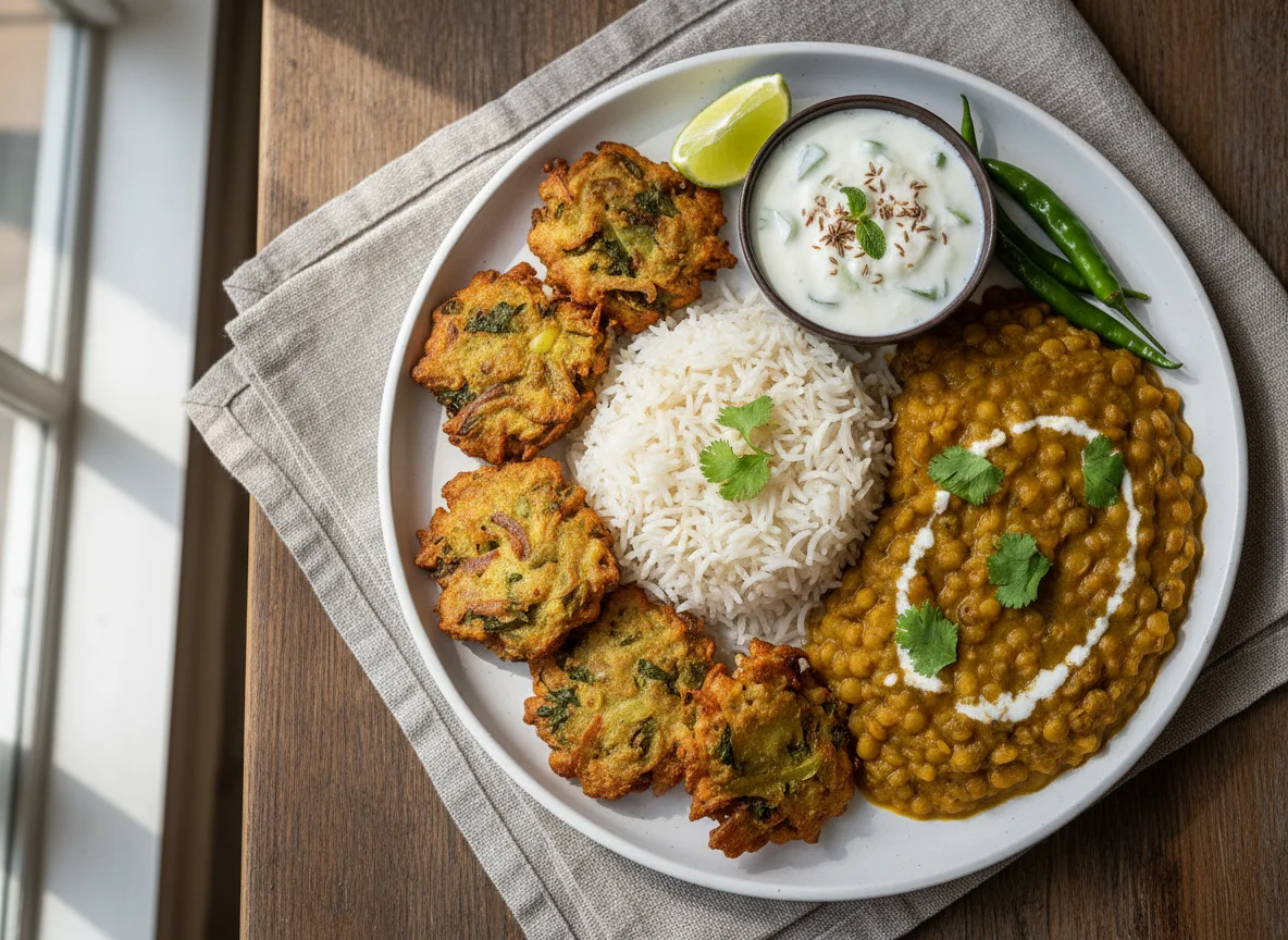 Rice with Lentil Curry and Fried Snacks photo