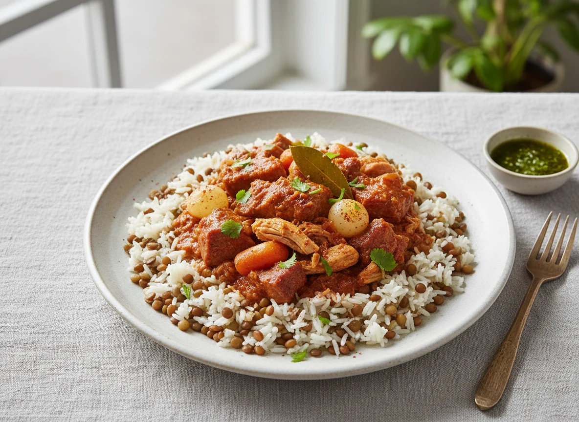 Rice with Lentils and Stewed Meat photo