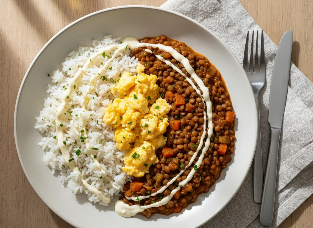 Rice with Lentils, Scrambled Eggs, and Sauce photo