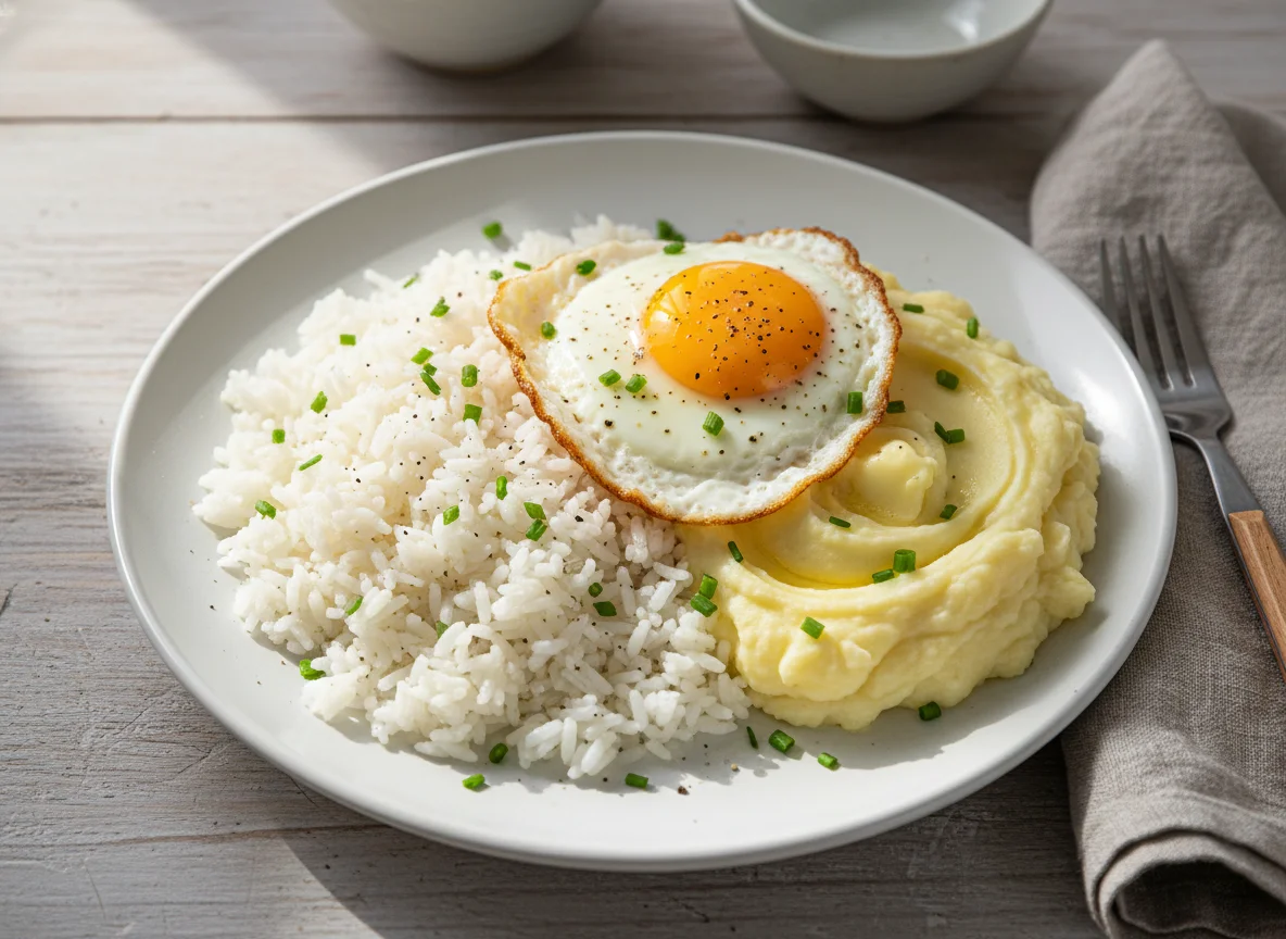 Rice with Mashed Potatoes and Fried Egg photo