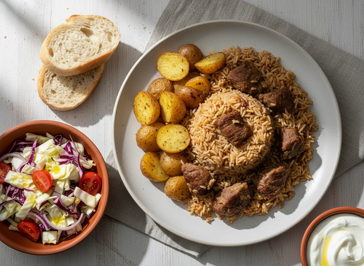 Rice with Meat and Potatoes, Cabbage Salad, Bread, and Yogurt photo