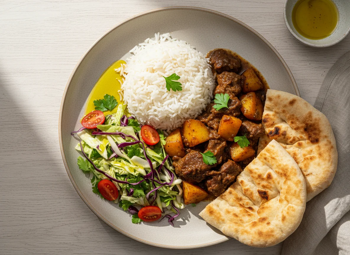 Rice with meat and potatoes, served with cabbage salad and bread photo