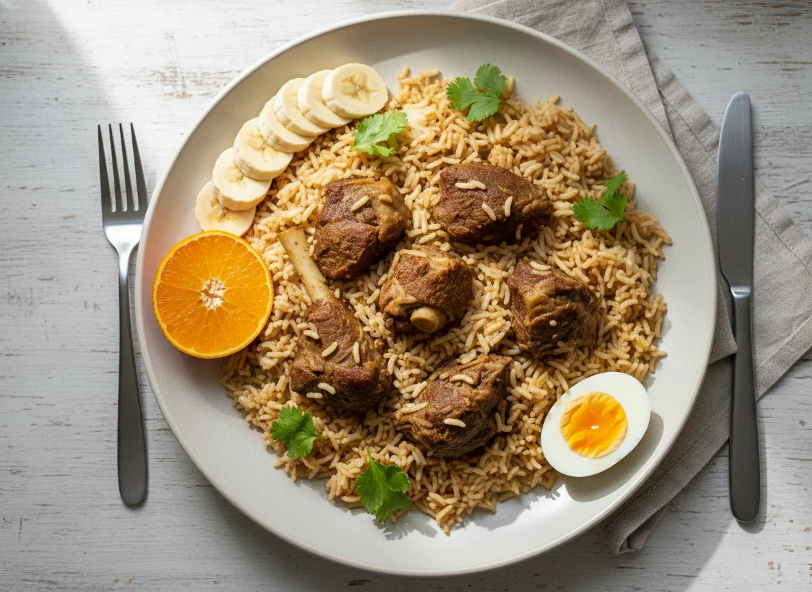Rice with Meat, Orange, Banana, and Boiled Egg photo