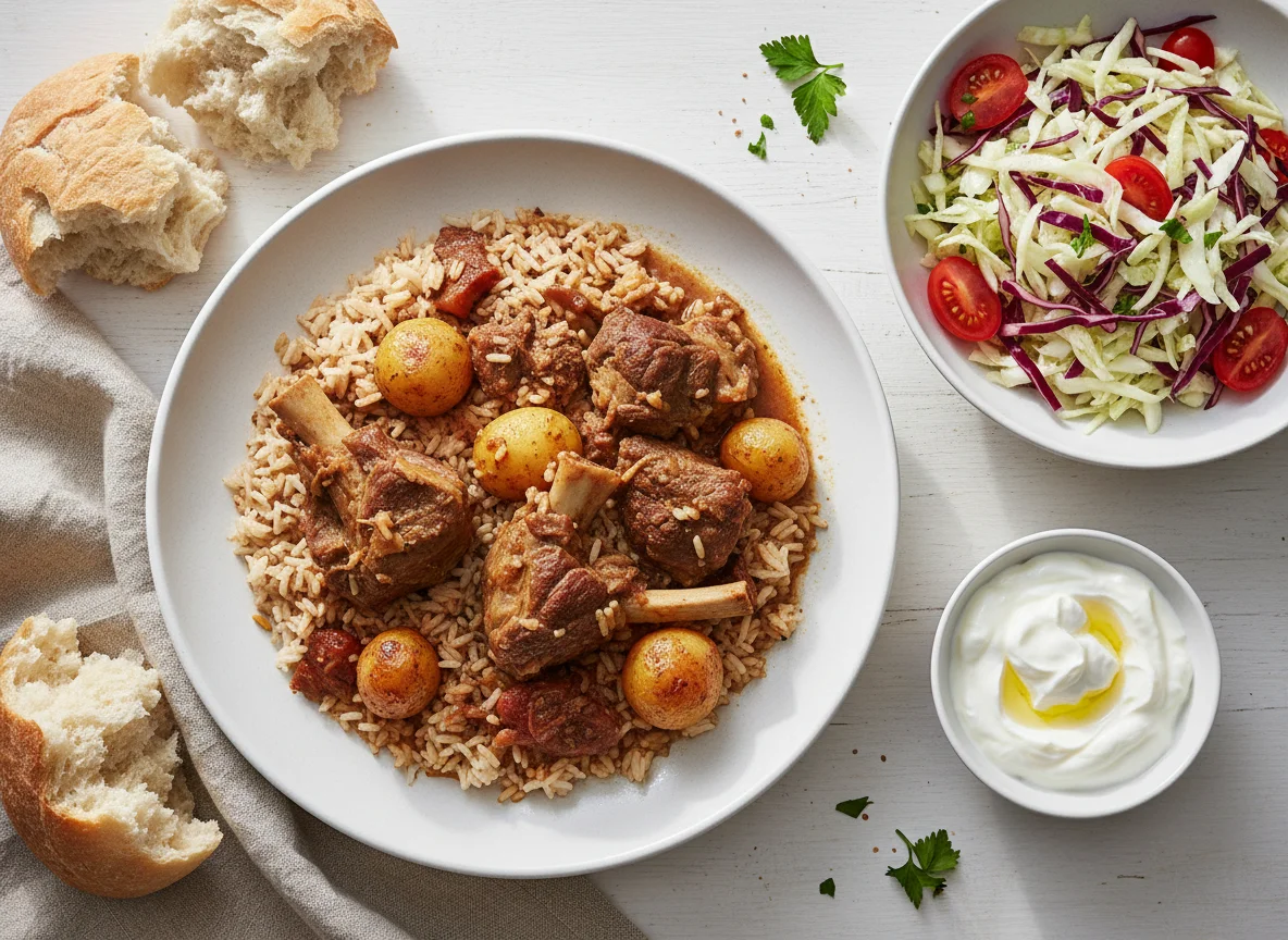 Rice with meat, salad, bread, and yogurt photo