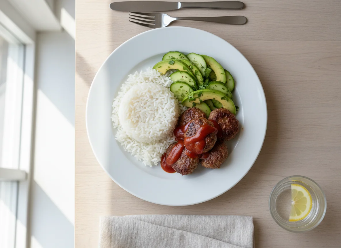 Rice with Meatballs and Avocado Cucumber Salad photo