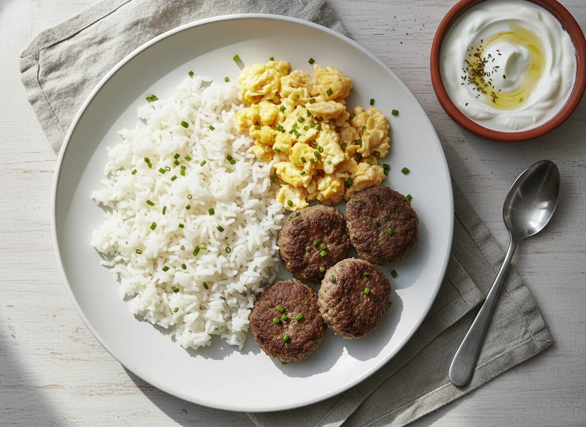 Rice with Meatballs and Scrambled Eggs, and Yogurt photo