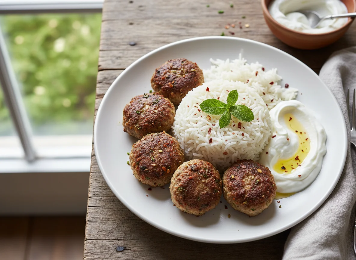 Rice with meatballs and yogurt photo